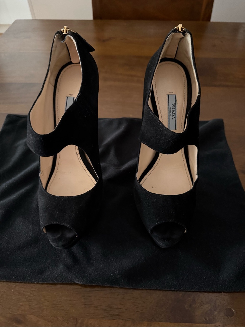 Prada Black Suede Peep-Toe Strappy High Heels